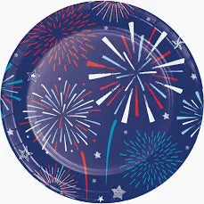 Round paper plate with red, white, and blue fireworks design on a blue background