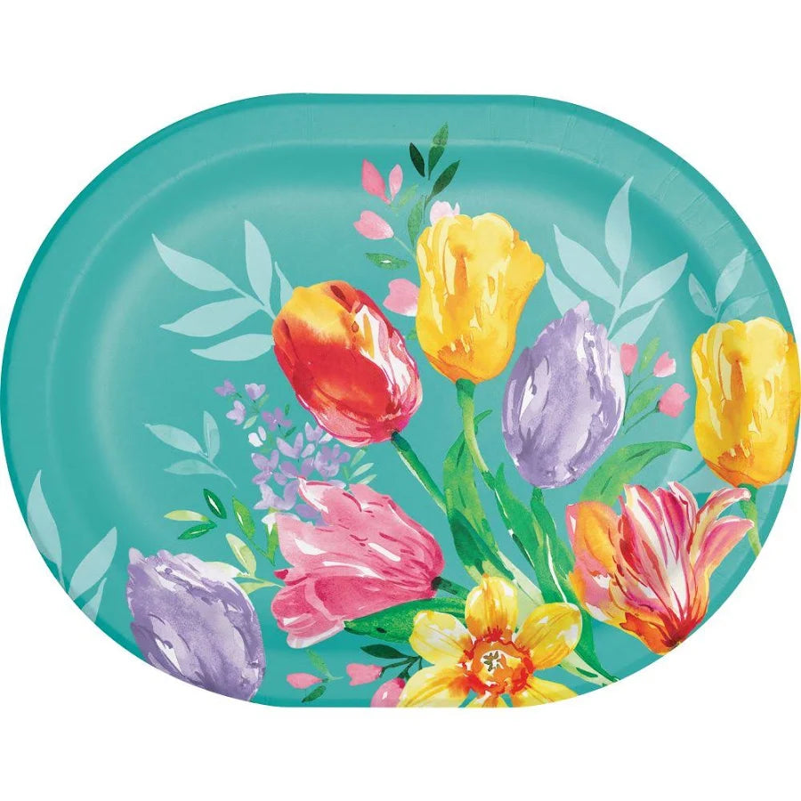 Floral design paper plate with tulips on a teal background