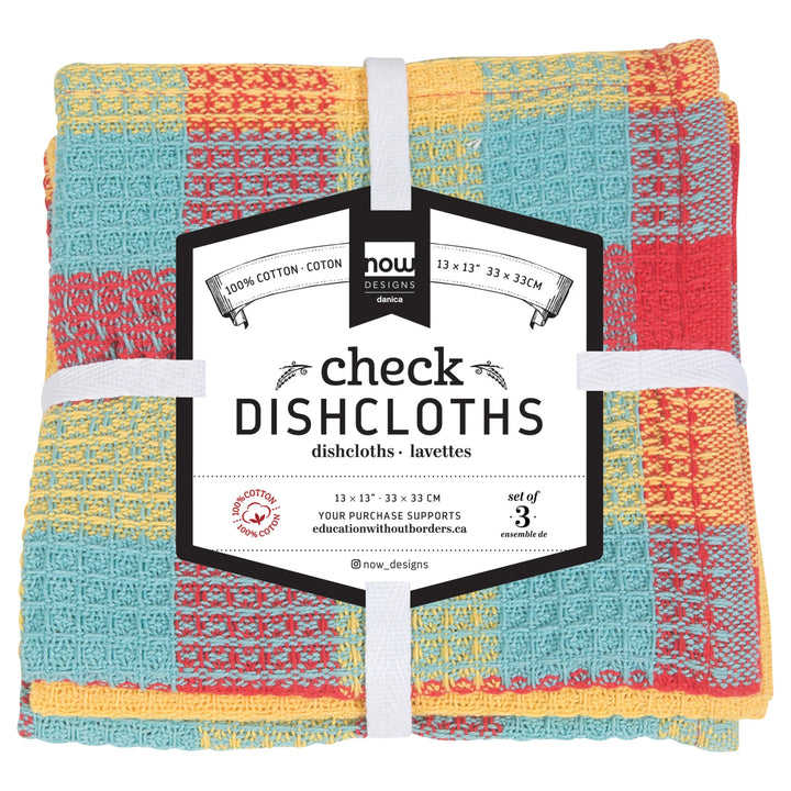 Set of three checkered dishcloths in multicolor packaging with a label.