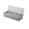 Gray condiment storage box with four compartments on a white background