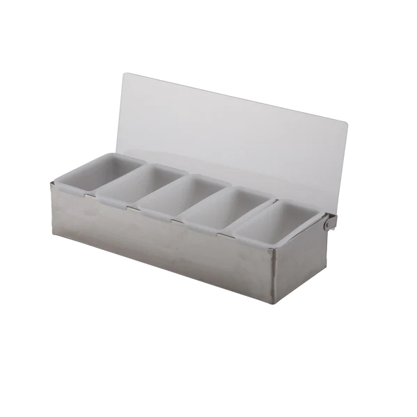 Gray condiment storage box with four compartments on a white background