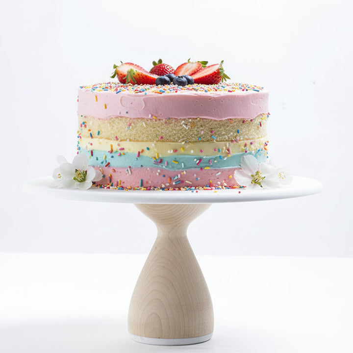 Colorful layered cake with sprinkles on a white and wood cake stand against a white background