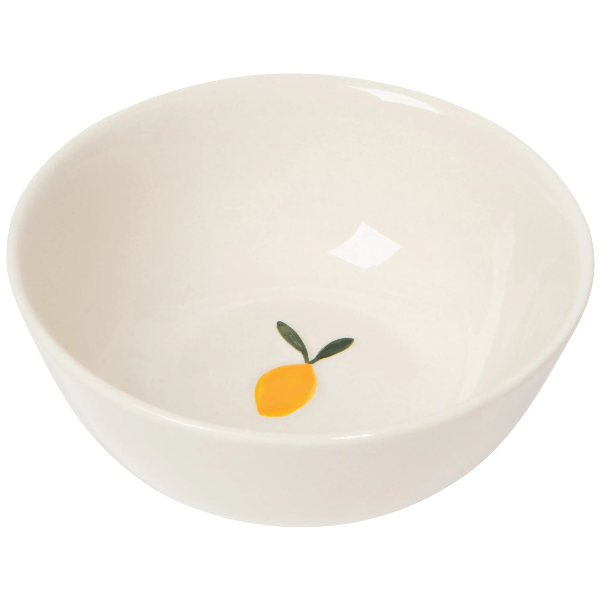 White stoneware bowl with a lemon design on a white background