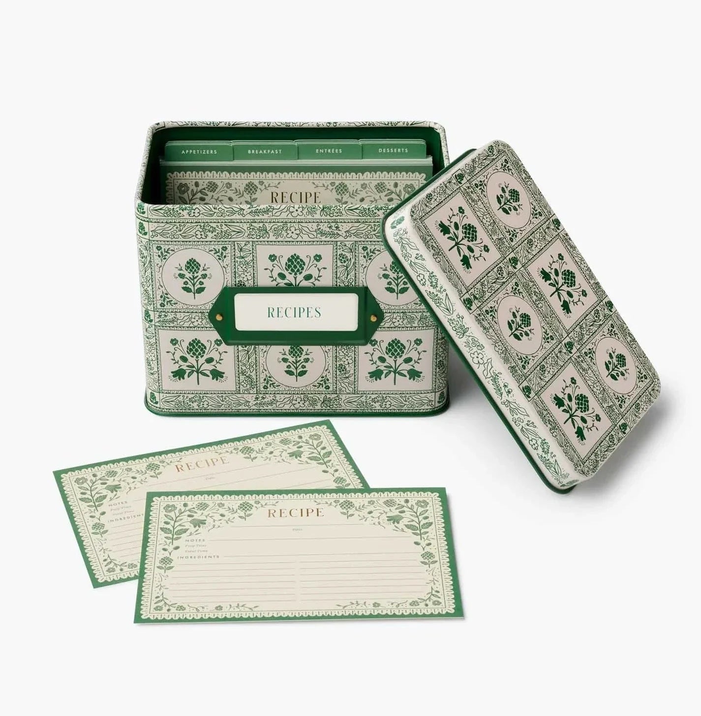 Green recipe box with matching cards on a white background