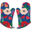 Pair of floral-patterned oven mitts on a white background