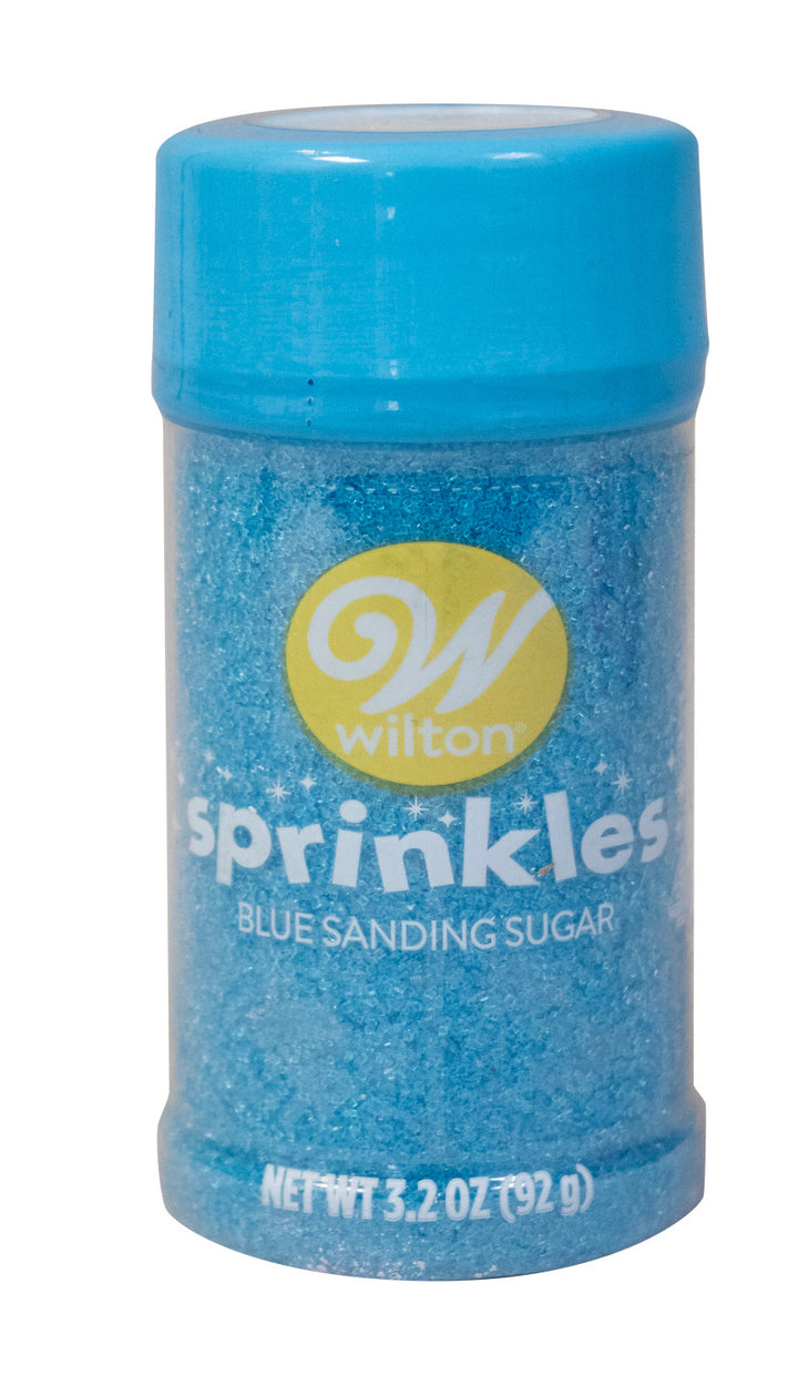 Blue sanding sugar container with Wilton logo on a white background
