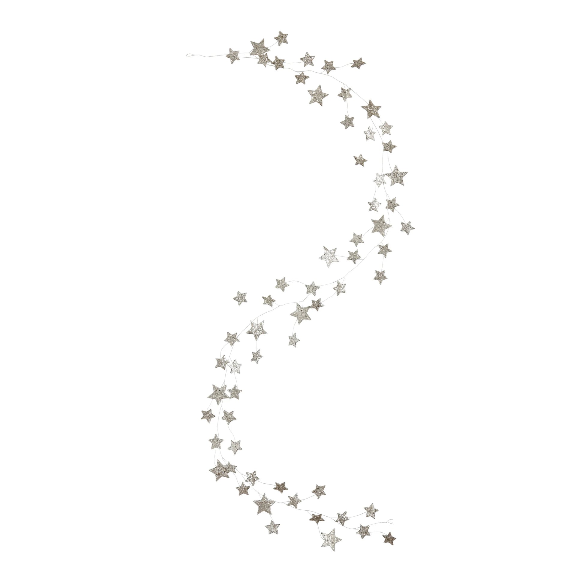 A garland with multiple silver stars arranged in a decorative pattern on a white background