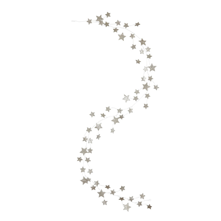 A garland with multiple silver stars arranged in a decorative pattern on a white background