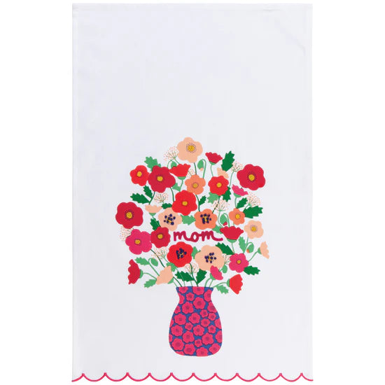 Kitchen dishtowel with floral design and 'mom' in a vase on a white background