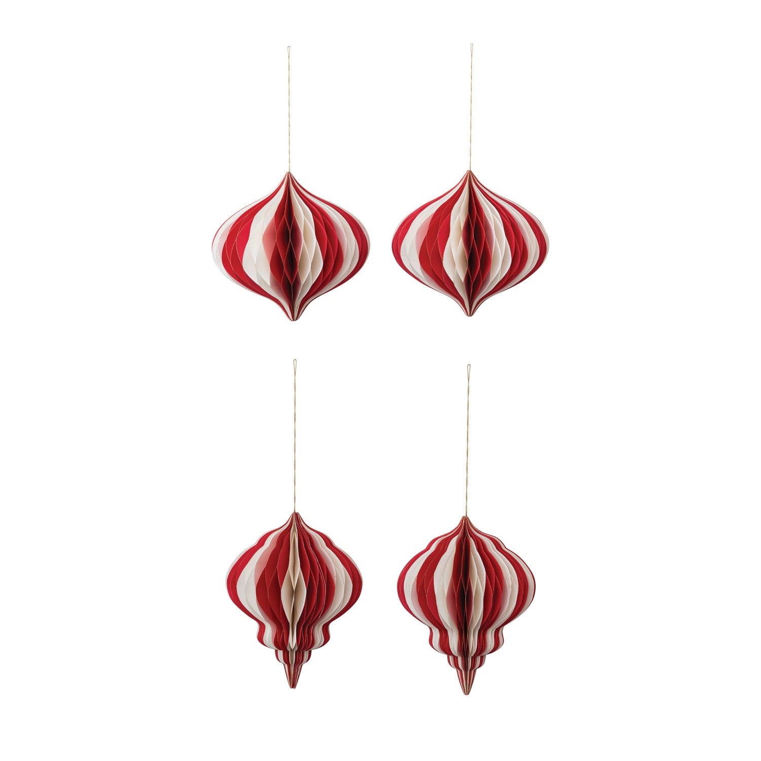 Four red and white striped paper ornaments hanging against a white background