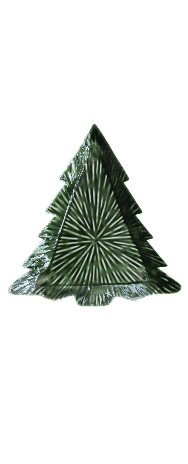 Green enameled metal tree-shaped plate on a white background