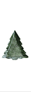 Green enameled metal tree-shaped plate on a white background
