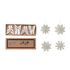 Set of hanging decorative snowflake ornaments with packaging on a white background