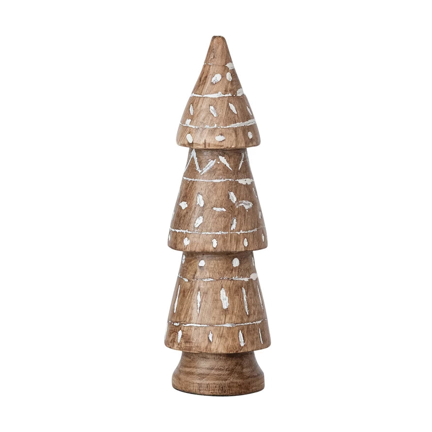 Hand-Carved Mango Wood Tree with Whitewashed Design