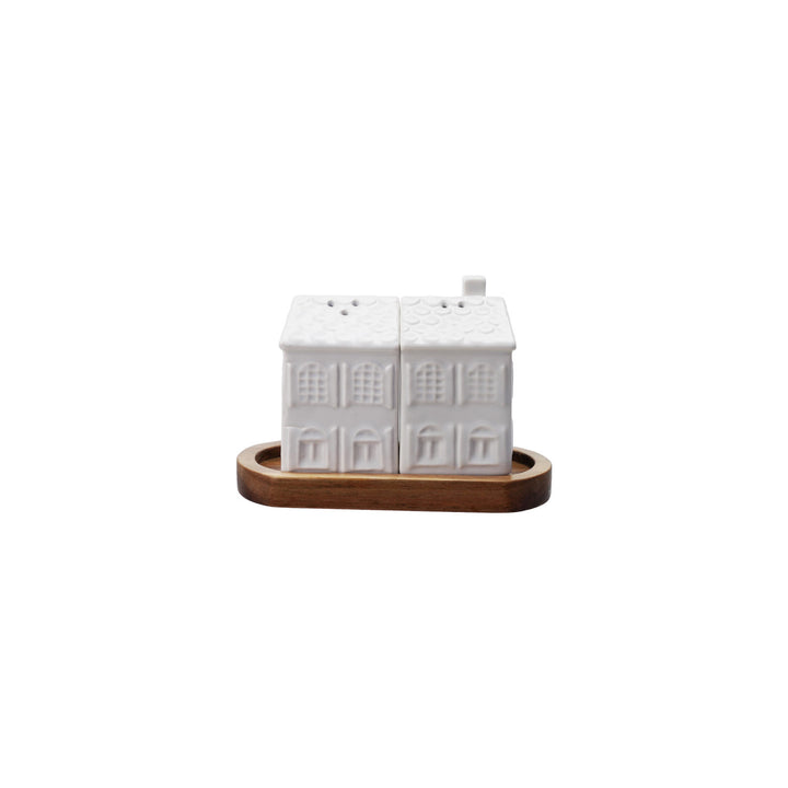 Stoneware House Shaped Salt & Pepper Shakers with Wood Tray, Set of 3