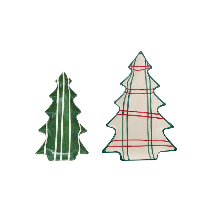 Hand-Painted Ceramic Tree Shaped Plates with Stripe Patterns, Set of 2