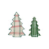 Two Christmas tree-shaped ceramic plates with plaid and stripe patterns on a white background