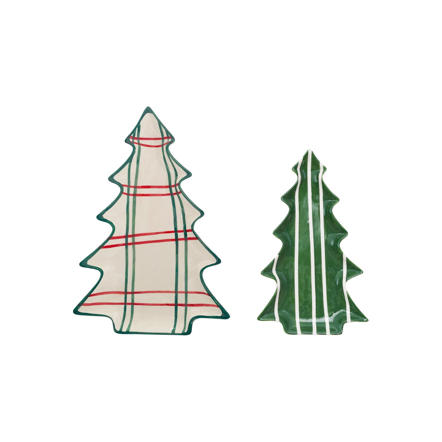 Two Christmas tree-shaped ceramic plates with plaid and stripe patterns on a white background
