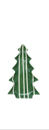 Christmas tree-shaped plate with green and white stripe pattern on a white background
