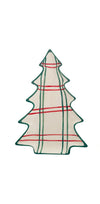 Christmas tree-shaped plate with plaid pattern on a white background