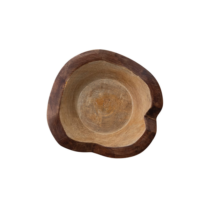 Wooden bowl with a natural finish on a white background