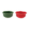 Two stoneware bowls, one green and one red, on a white background