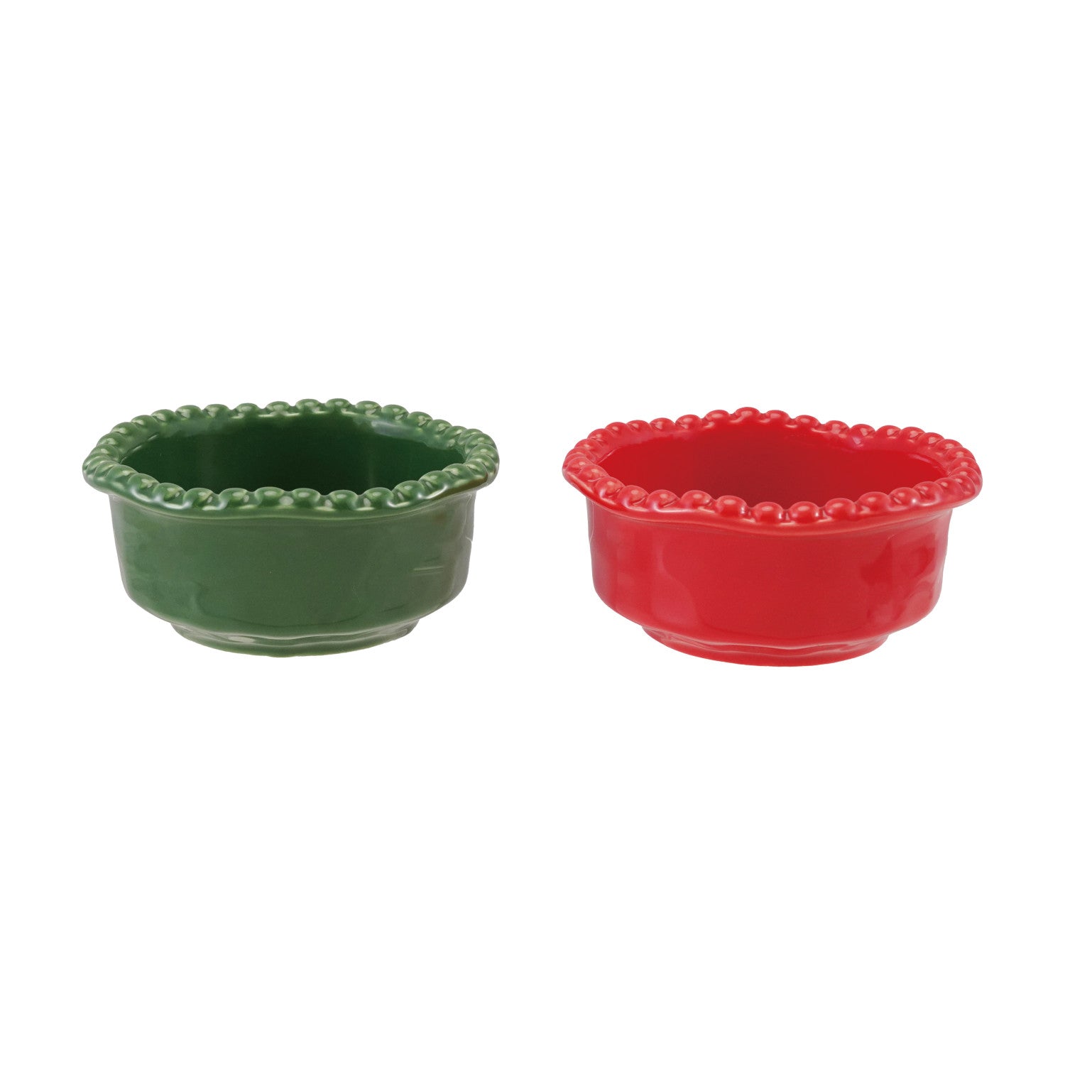 Two stoneware bowls, one green and one red, on a white background