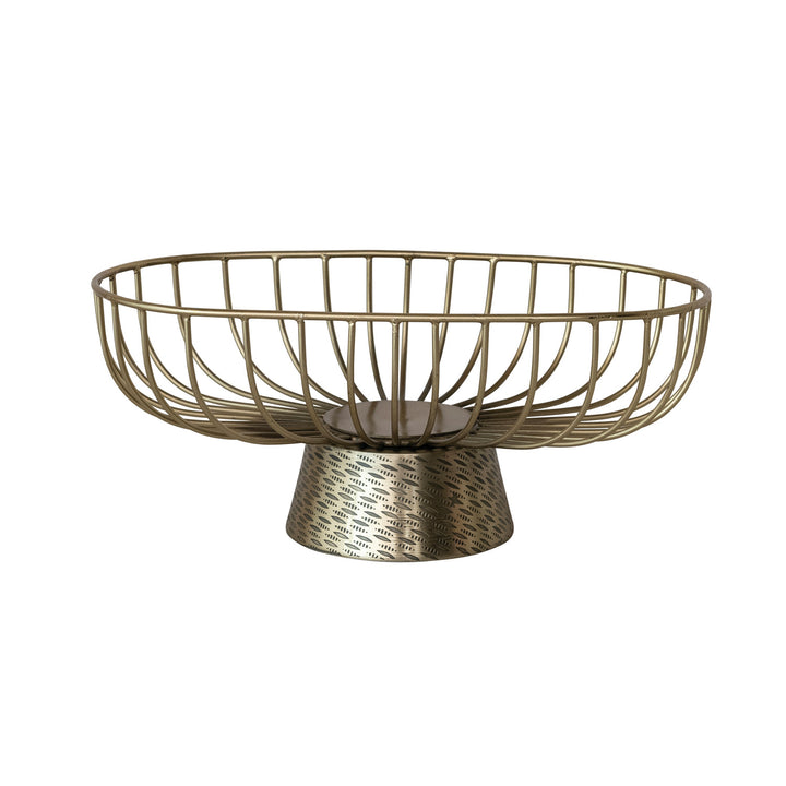 Decorative metal basket with a pedestal base on a white background.