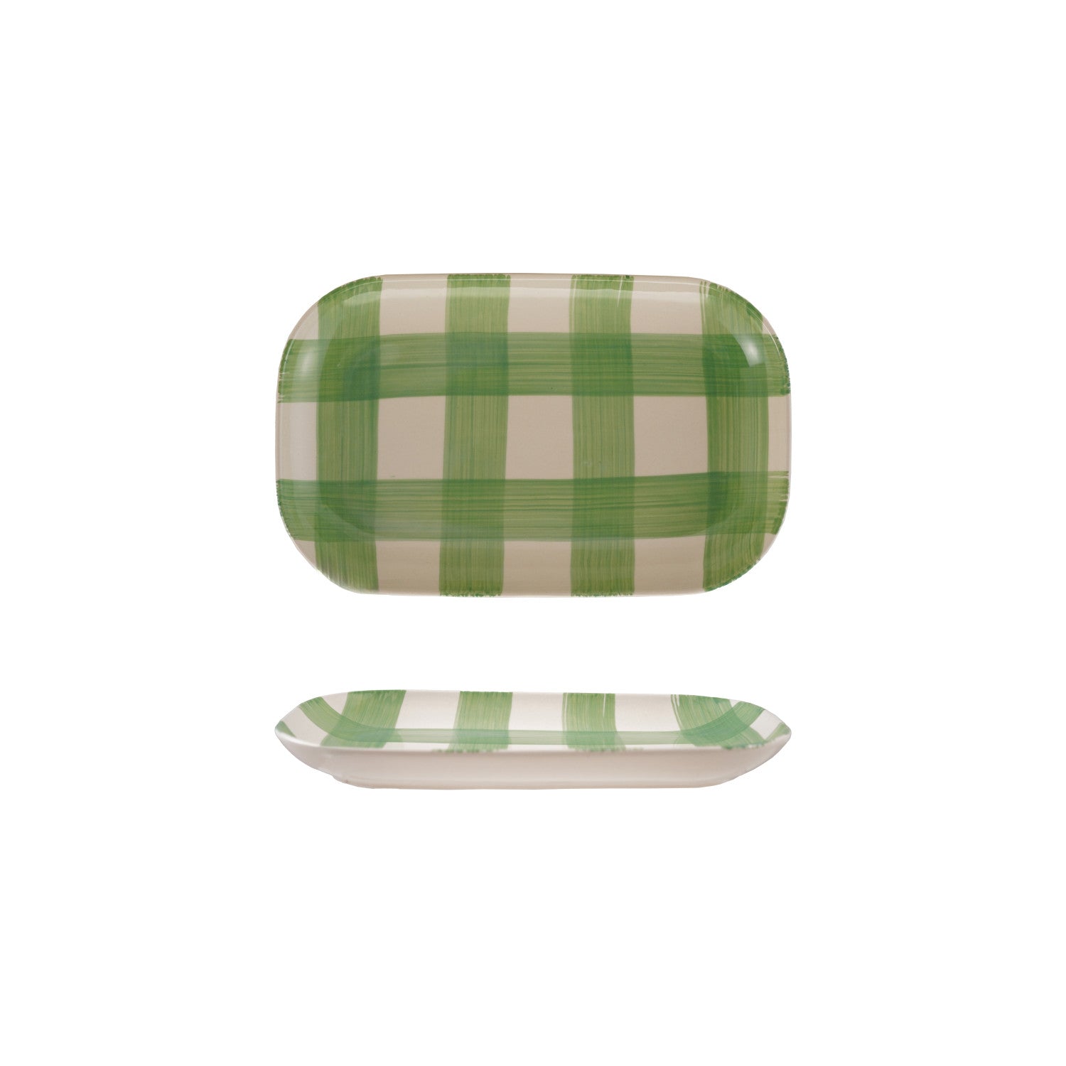 Green and white buffalo check tray, shown from two angles, on a white background 