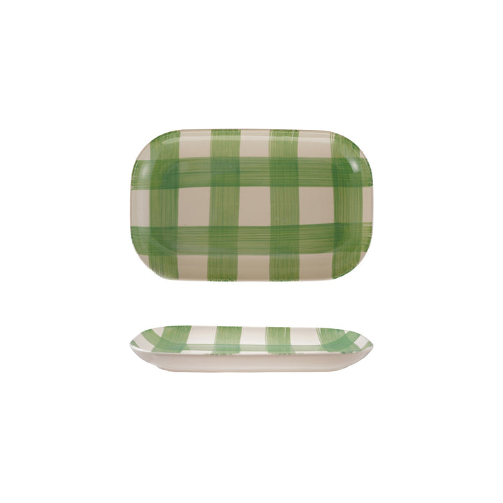 Green and white buffalo check tray, shown from two angles, on a white background 