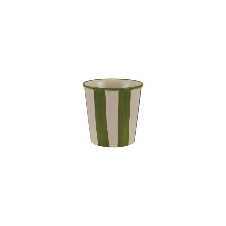 Green and white striped cup on a white background