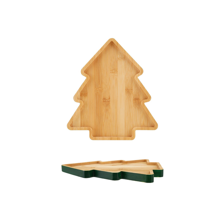 Wooden tree-shaped serving platter on a white background