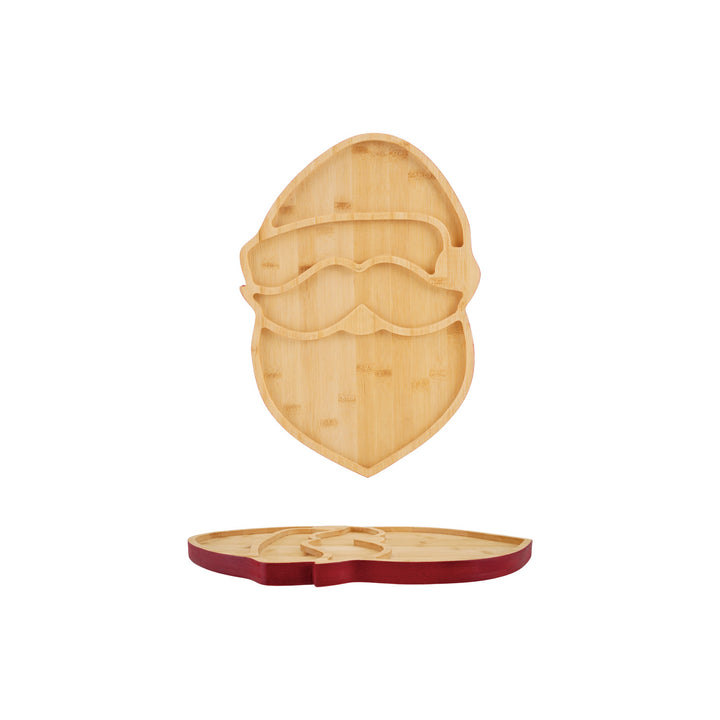 Wooden serving platter shaped like Santa's head on a white background
