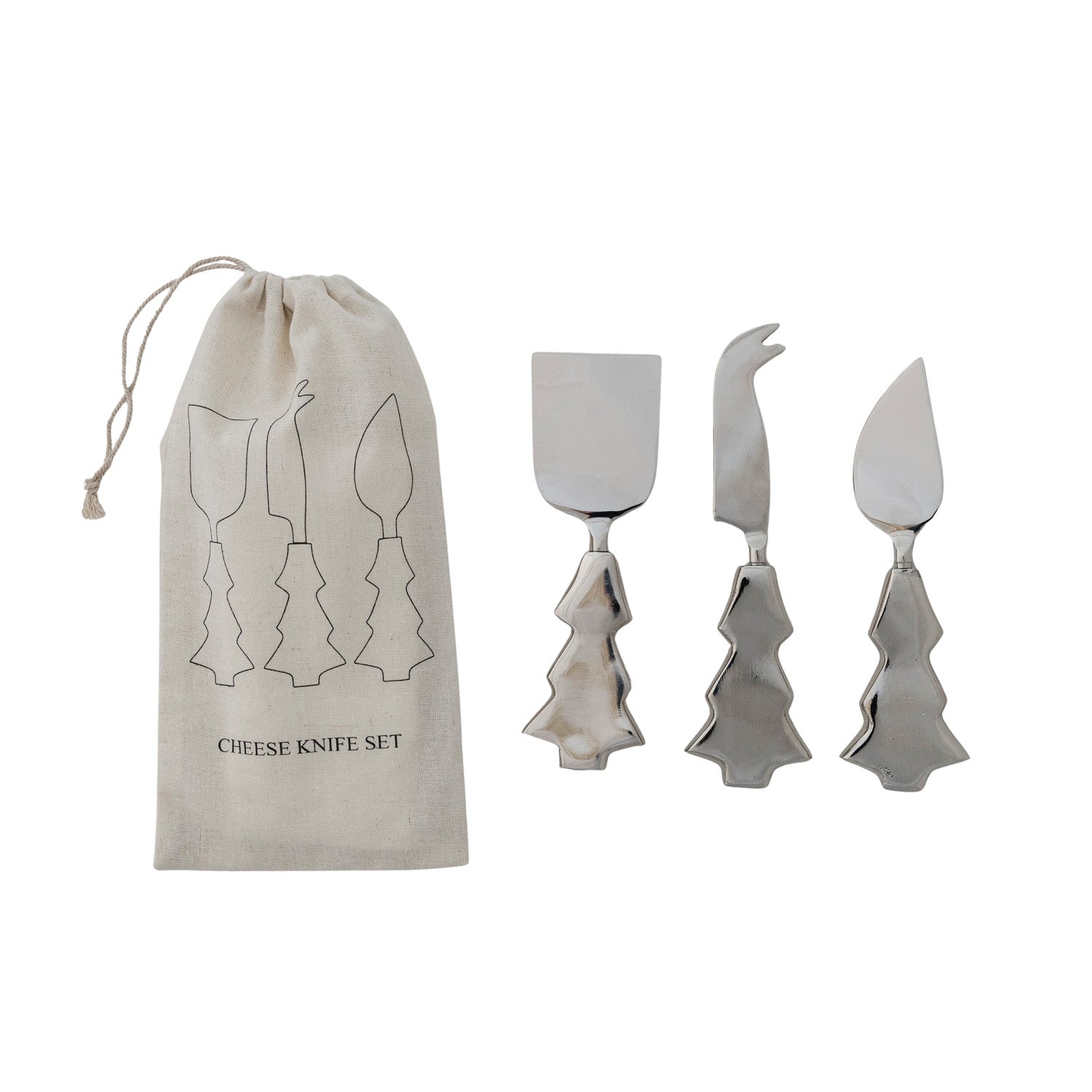 Set of cheese knives with a branded drawstring bag on a white background