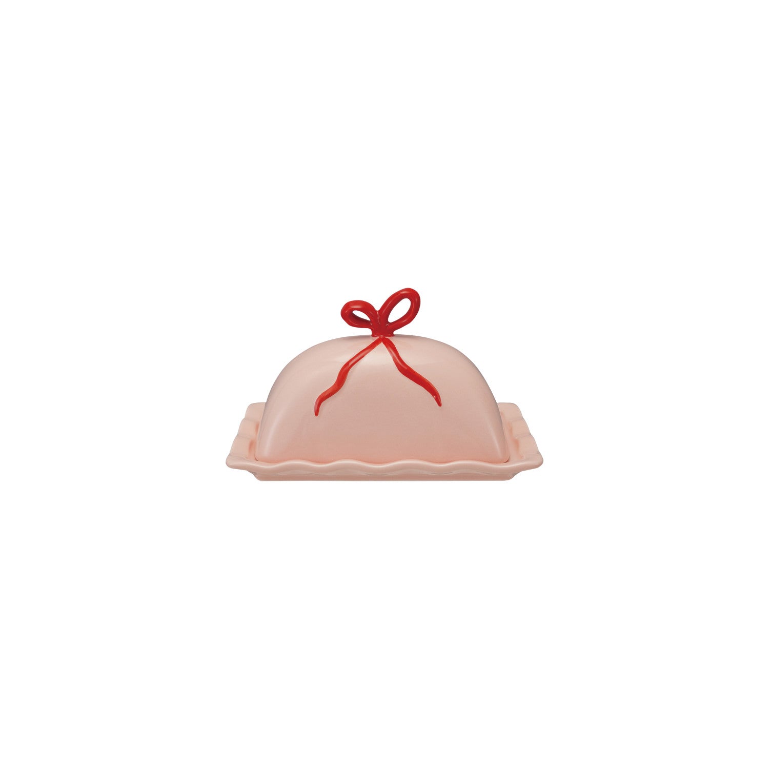 Pink butter dish with a red bow on a white background