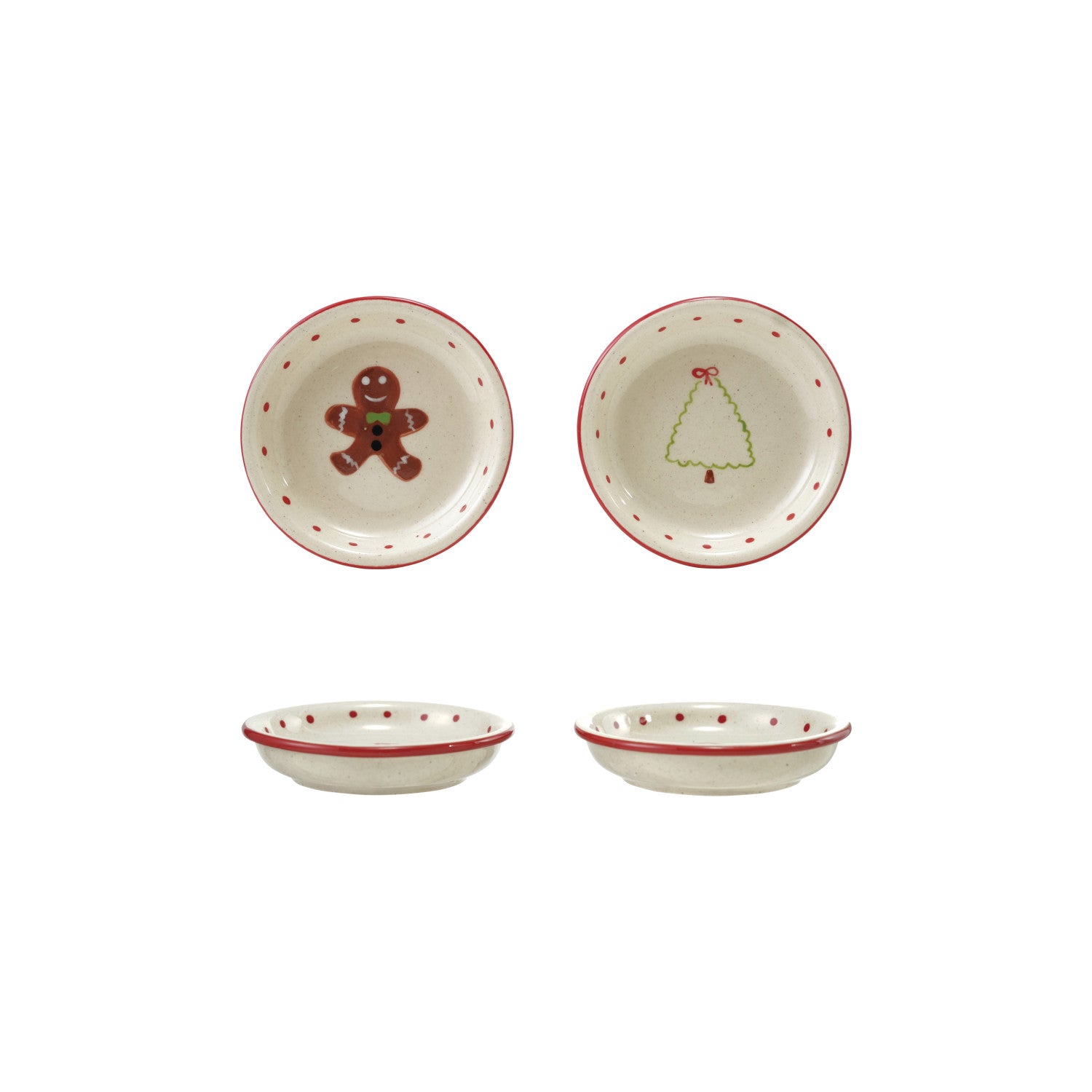 Four bowls with Christmas-themed designs on a white background