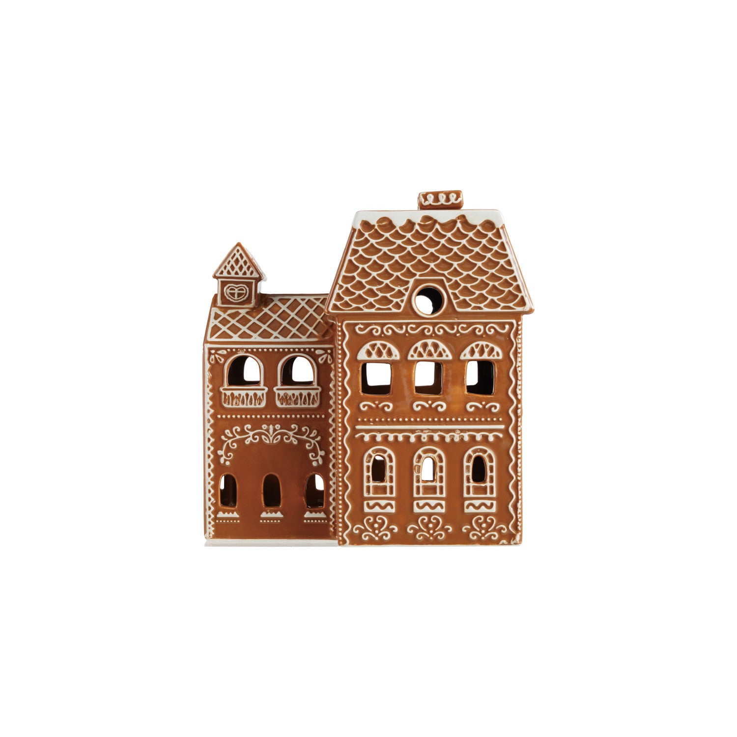 Decorative ceramic gingerbread house on a white background