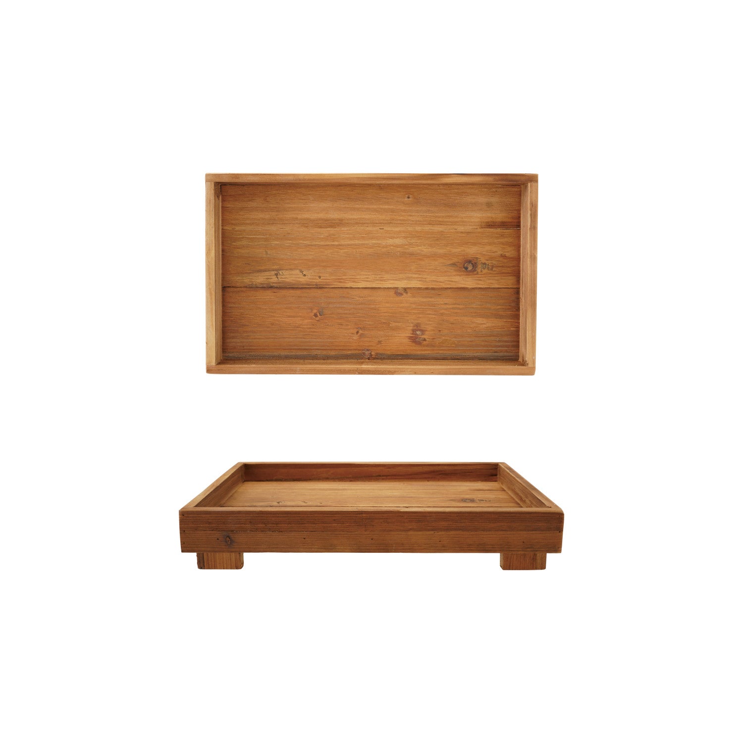 Wooden tray shown from two angles on a white background