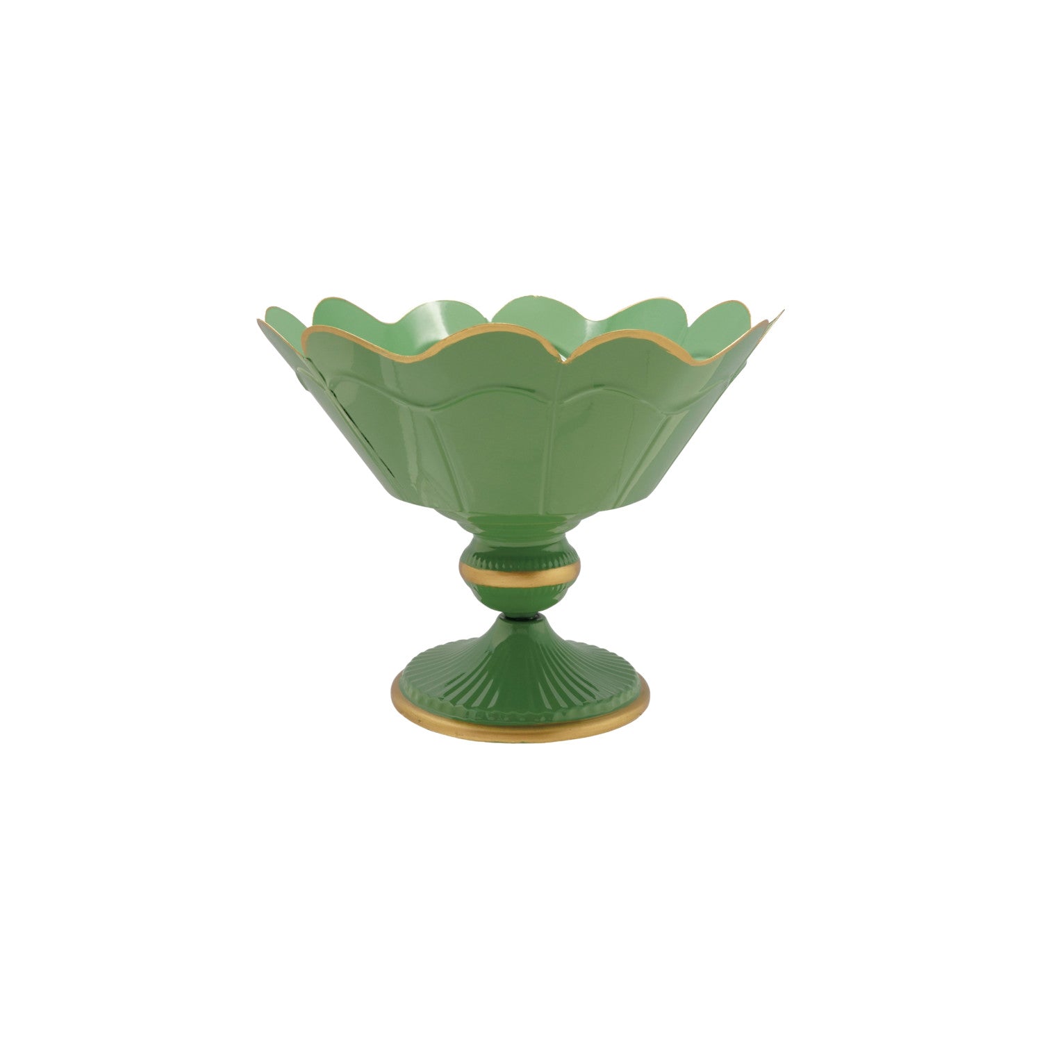 Green decorative bowl with gold scalloped edge on a white background