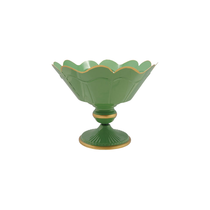 Green decorative bowl with gold scalloped edge on a white background