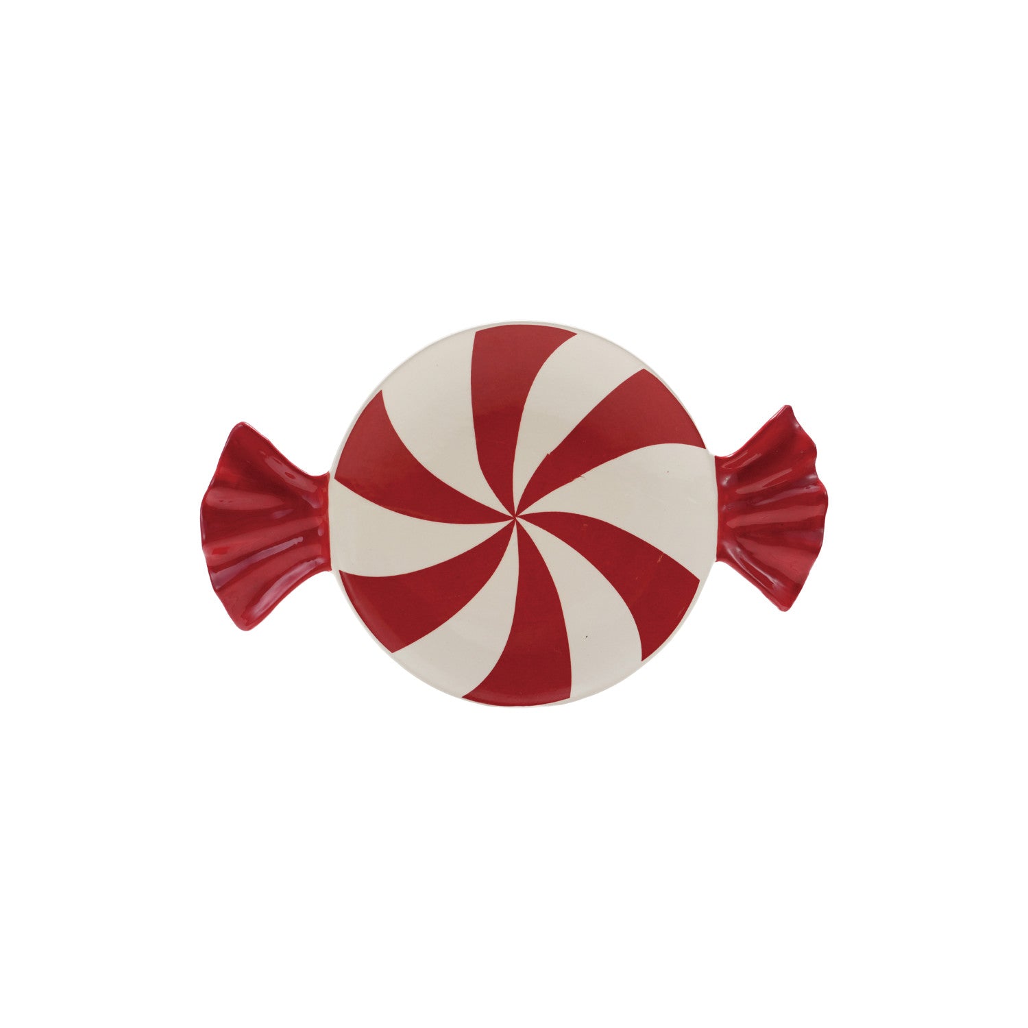 Red and white striped candy-shaped plate on a white background