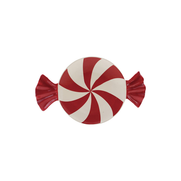 Red and white striped candy-shaped plate on a white background