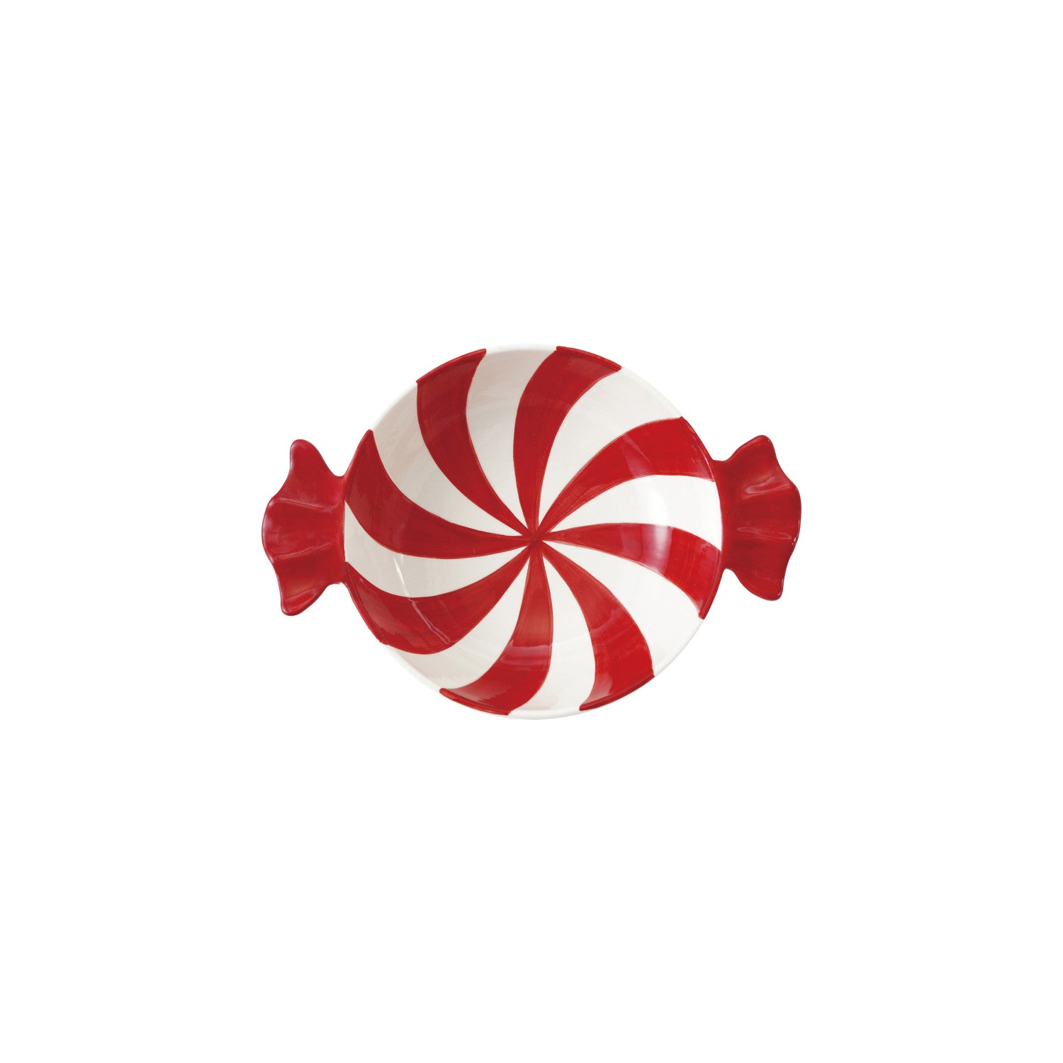 Red and white striped candy-shaped bowl on a white background