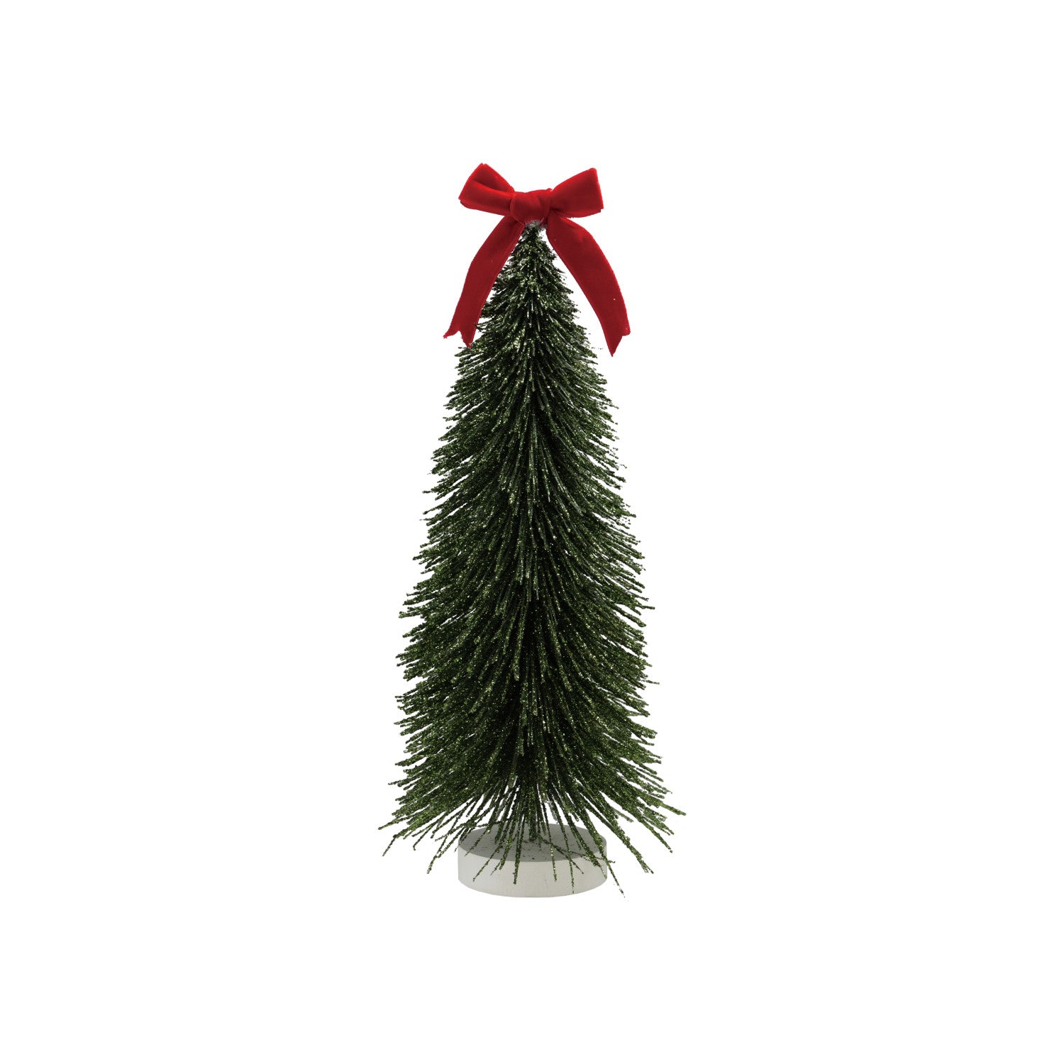 Small decorative Christmas tree with a red bow on a white background