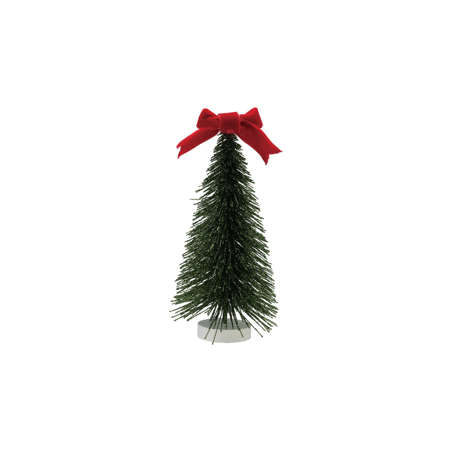 Small green Christmas tree with a red bow on a white background