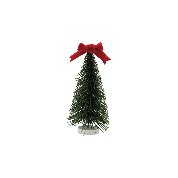 Small green Christmas tree with a red bow on a white background