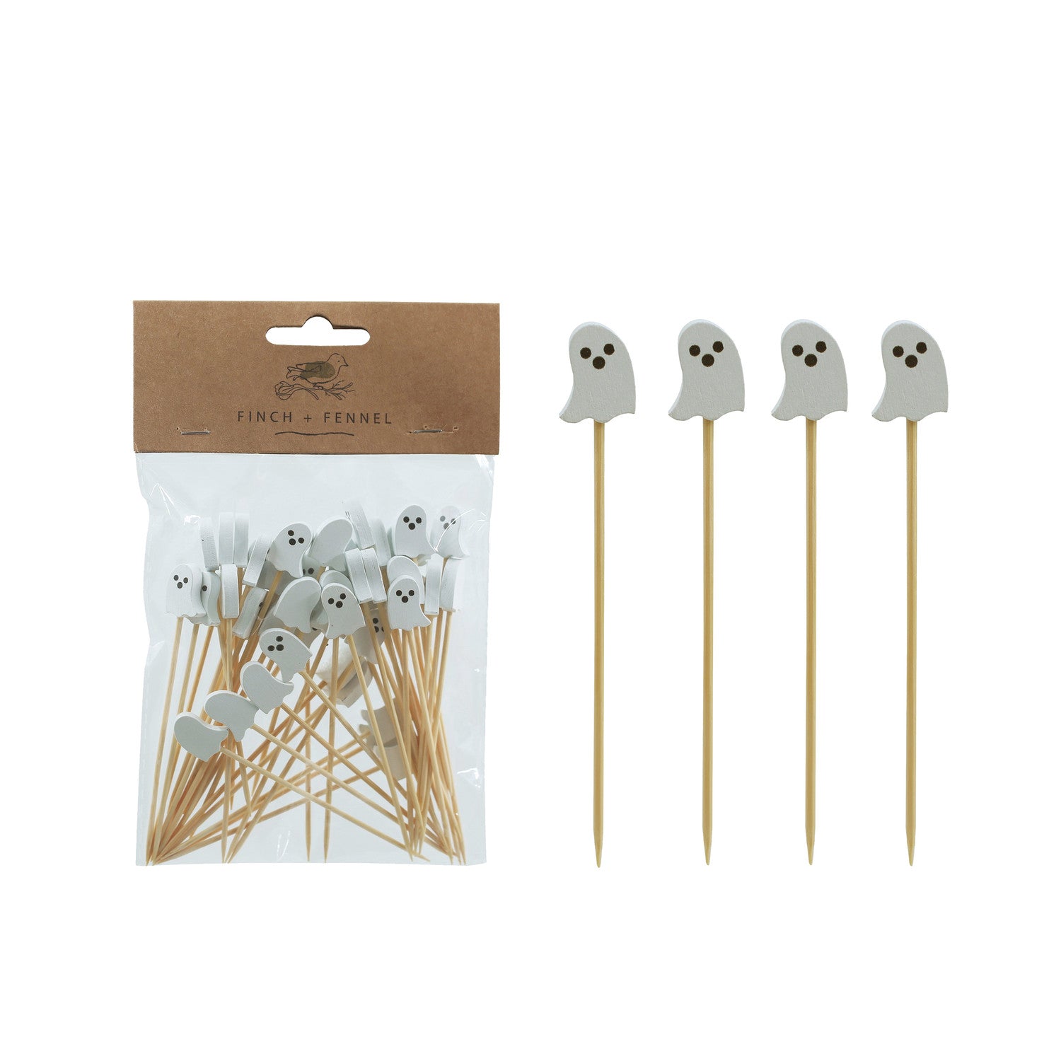 Packaged ghost-themed toothpicks on a white background.
