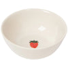 White stoneware bowl with a strawberry design on a white background