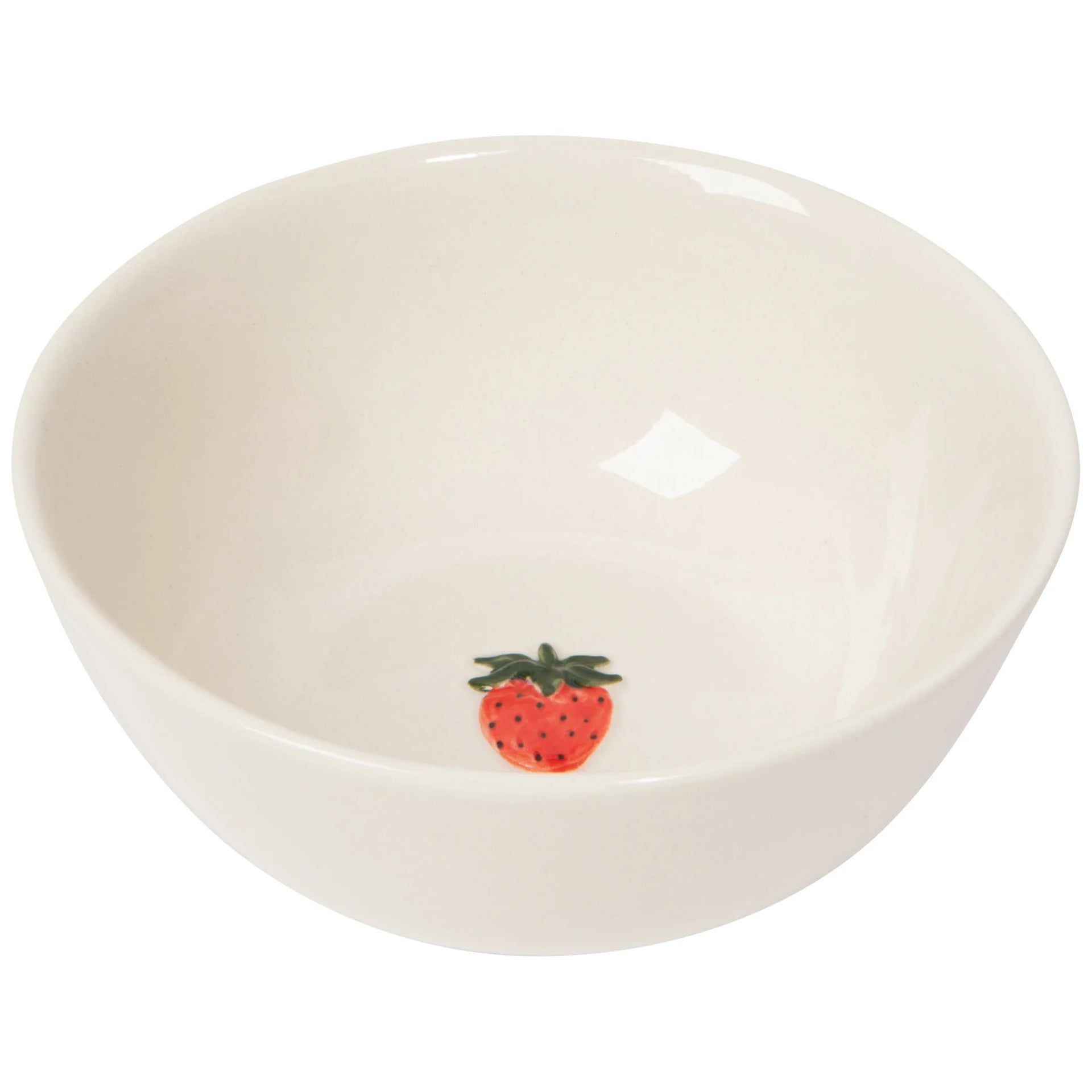 White stoneware bowl with a strawberry design on a white background