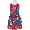 Colorful children's apron with floral pattern on a mannequin against a white background